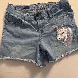 Girls denim shorts with reversible sequins